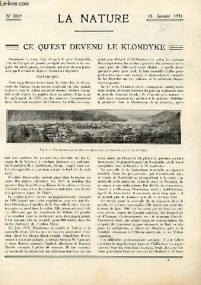 La nature n 2849 - Le Klondyke par Victor Forbin, La gographie phontique et la question des substrats par Albert Dauzat, Le cuivre par Am. Matagrin, L'Institut National d'Agriculture par Laurent Rigotard, Le Salon de l'Aronautique en 1930 par R.