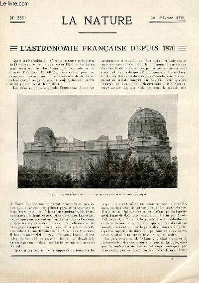 La nature n 2851 - L'astronomie franaise depuis 1870 par E. Doublet, Une araigne sdentaire par Dr M. Vincent, Comment on enregistre les films sonores par P. Hmardinquer, L'hydravion Dornier de 50 tonnes par A. Verdurand, La grotte de Ganties