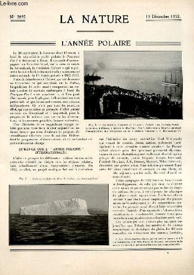 La nature n 2895 - L'anne polaire par P.D, La dtermination de l'ge de la terre par Y. Mayor, Les lampes  air comprim par A.F. Pellat, Le perfectionnement de la cellule de Kerr par P. Hmardinquer, Un croisement antilope-vache par P. Boulineau