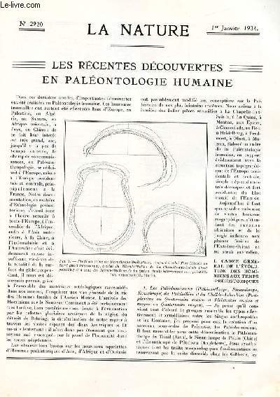 La nature n 2920 - Palontologie humaine par L. Joleaud, La stroboscopie par P. Hmardinquer, Barrage  tourelles par Marcotte, L'alligator amricain par L. Kuentz, Les accumulateurs thermiques par Jean Hesse, La recherche de l'or dans l'ancienne Egypte