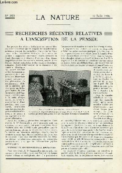 La nature n 2981 - Recherches recentes relatives a l'inscription de la pense - Engrais ariens - La mtalisation a l'aluminium des miroirs de tlscopes - ou en est la technique de la fuse ? les derniers travaux du professeur goddard - L'horloge