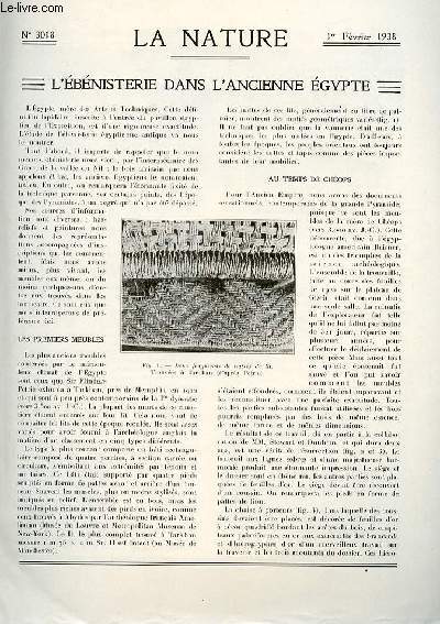 La nature n 3018 - L'bnisterie dans l'ancienne Egypte par De Morant, La pdologie par Thrond, L'autorail  charbon de bois de la Compagnie de l'Est par Lanorville, Les cornues  gaz d'clairage par Vigneron, Curiosits hydrodynamiques par Devaux