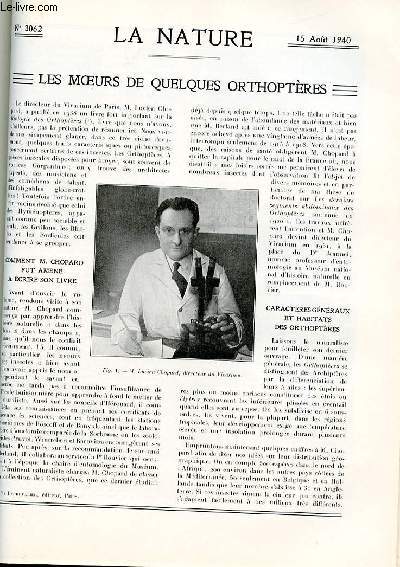 La nature n 3062 - Les othoptres par Boyer, Singularits mcaniques dans le comportement des vhicules de chemin de fer par Devaux, Le mimtisme et la guerre par Boigey, Miellat et Mielle par Alphanddry, La mer et l'industrie chimique par Vigneron