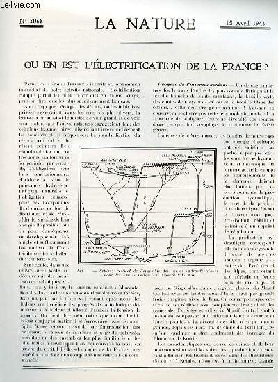 La nature n 3068 - L'lectrification de la France par Devaux, Les toxines bactriennes par Merle, La micro-cinmatographie par Michaud, Les gazognes (suite) par Lepoivre, Schage par infra-rouges par Dribr, L'entomophagie par D'Aguilar