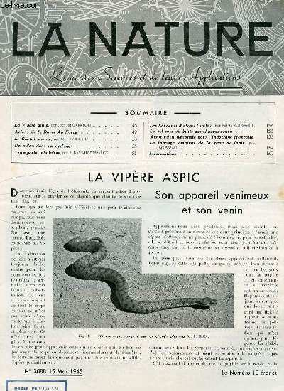 La nature n 3088 - La vipre aspic par Carayon, Le cristal unique par Guillet fils, Transports tubulaires par Basiaux-defrance, Les sondeurs d'atomes (suite) par Rousseau, Le tannage amateur de la peau de lapin par Boisseau.