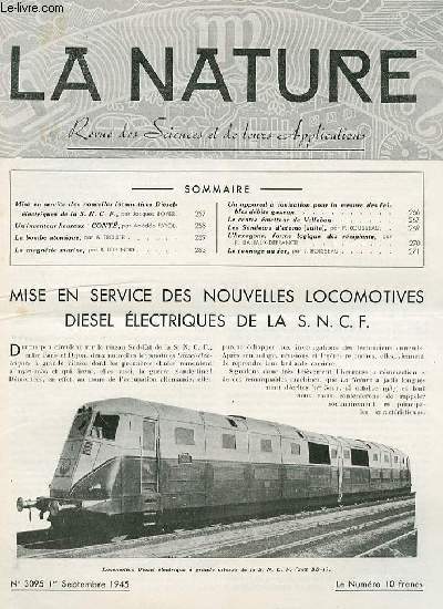 La nature n 3095 - Mise en service des nouvelles locomotives Diesel lectriques de la SNCF par Boyer, Cont par Fayol, La bombe atomique par Troller, La magnsie marine par Legendre, Les sondeurs d'atomes (suite) par Rousseau, Le centre metteur