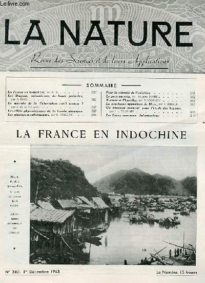 La nature n 3101 - La France en Indochine par AB, Les Breguet par Fayol, Le microbe de la tuberculose par Cerisaie, Les plastiques cellulosiques par Perruche, Le pain au soja par Biyer, Tortues et physalies par Legendre, Un nouveau matriel pour l'tude