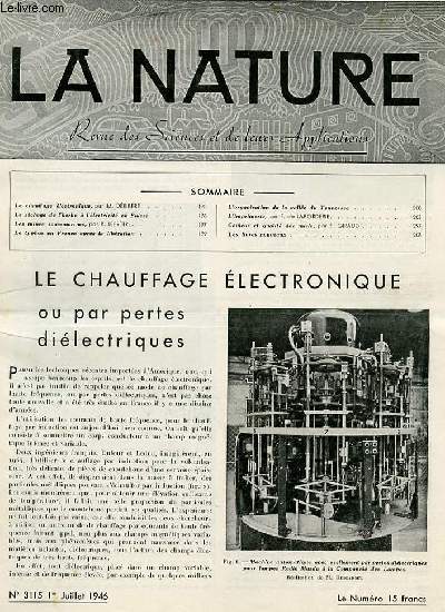 La nature n 3115 - Le chauffage lectronique par Dribr, Les mines sous-marines (suite) par Leprtre, L'imprimerie par Laborderie, Le typhus en France aprs la Libration, Couleur et qualit des miels par Giraud.