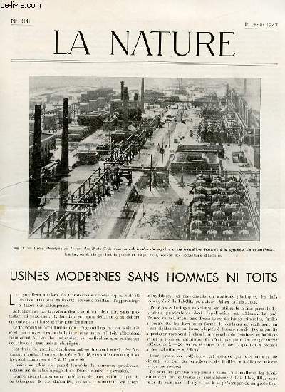 La nature n 3141 - Usines modernes sans hommes ni toits par Perruche, La cration du 1er journal scientifique par Boyer, Les les Aloutiennes (suite) par Lemaire, Le pltre et ses nouvelles utilisations par Gilardi, La pluie de boue du 2 mai 1947