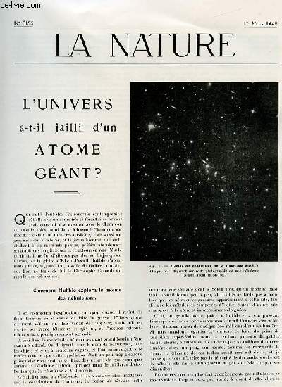 La nature n 3155 - L'univers a-t-il jailli d'un atome gant? par Rousseau, Les dtergents artificiels substituts des savons, Les piles au magnsium par Gnin, Le gaz naturel de St Marcet par Vlut, L'Alaska par Lemaire (suite), Le laboratoire au service