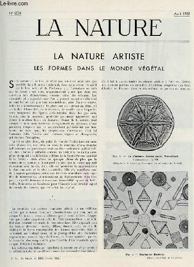 La nature n 3204 - La nature artiste: les formes dans le monde vgtal par Lutigneaux, Les antennes radiolectriques par Rigal, Les membranes semi-permables de la cellulose rgnre par Schwob, Le mtro sur pneumatiques par AB, Stucture et mouvements