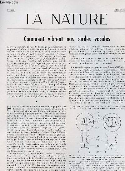 La nature n 3261 - Comment vibrent nos cordes vocales par Husson, La disette de ptrole par Cohen, Le Nyassaland par Wagret, Procds modernes d'obtention des mtaux purs par Bertrand, Le protoptre par Chopard.