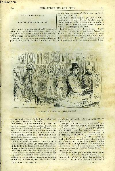 Sur terre et sur mer n 73 - Les hotels amricains, les Etats Unis : le hall ou vestibule d'un hotel, La chasse aux baleines, XII par G. Marcel, Java, petits marchands d'oiseaux, Les voyageurs franais en Afrique, III par F.V. Maisoneufve