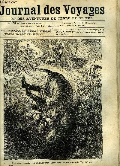 Journal des voyages et des aventures de terre et de mer n 155 - Histoires de tigres - il alla rouler avec l'animal froce au fond d'un ravin, Le vaisseau de proie, chapitre V, Les drames de l'Inde, XX, Bruxelles et le palais royal, Le tour de la terre