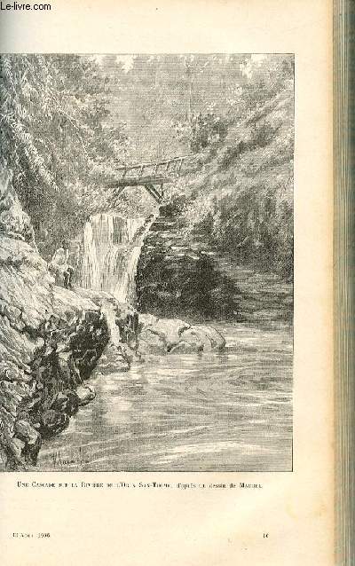LE MAGASIN PITTORESQUE - Livraison n16 - Une cascade sur la rivire de l'or  San Thom d'aprs un dessin de Maurel, gravure.