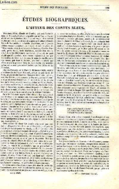 Le muse des familles - lecture du soir - 1re srie - livraison n27 et 28 - Etudes buiographiques - L'auteur des contes bleus par Jacob.