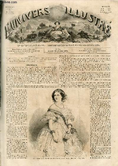 L'UNIVERS ILLUSTRE - DEUXIEME ANNEE N 63 - La reine Stphanie de Portugal, dcde le 15 juillet 1859.