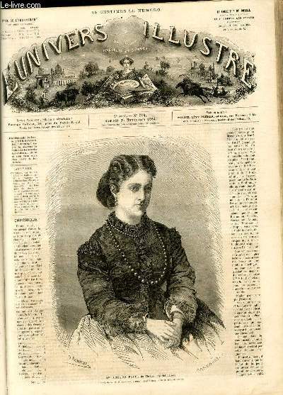 L'UNIVERS ILLUSTRE - SEPTIEME ANNEE N 384 - Mlle Adelina Patti, du Thatre Imprial italien, dessin de M.H. Rousseau, d'aprs une photographie de M.Reutlinger.