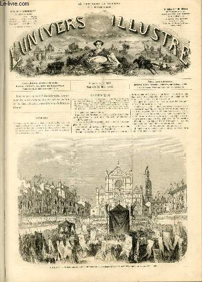 L'UNIVERS ILLUSTRE - HUITIEME ANNEE N 436 Florence- Inaugiration de la statue du Dante sur la place Santa-Croce, le 15 Mai 1865