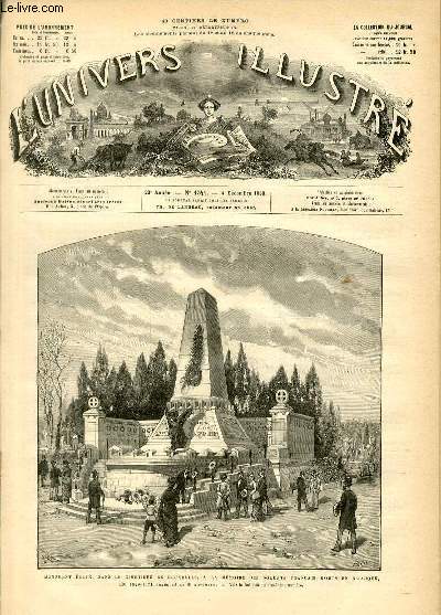 L'UNIVERS ILLUSTRE - VINGT-TROISIEME ANNEE N 1341 Moniment lev, dans le cimetire de Bruxelles,  la mmoire des soldats franais mort en Belgique (en 1870-1871, inaugur le 21 novembre)