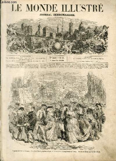 LE MONDE ILLUSTRE N91 - Thtre de l'Opra comique : Les trois Nicolas, opra-comique, Promenade de Longchamps (1er acte), dessin de Morin-gravure de Linton.