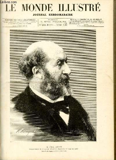 LE MONDE ILLUSTRE N1294 - M. Emile Augier, grand-officier de la Lgion d'Honneur depuis le 1er janvier 1882 - dessin de M.Sergent, gravure de M.Baude.