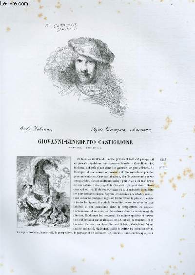 Biographie de Giovanni-Benedetto Castiglione (1616-1670) ; Ecole Italienne ; Sujets historiques, Animaux ; Extrait du Tome 5 de l'Histoire des peintres de toutes les coles.