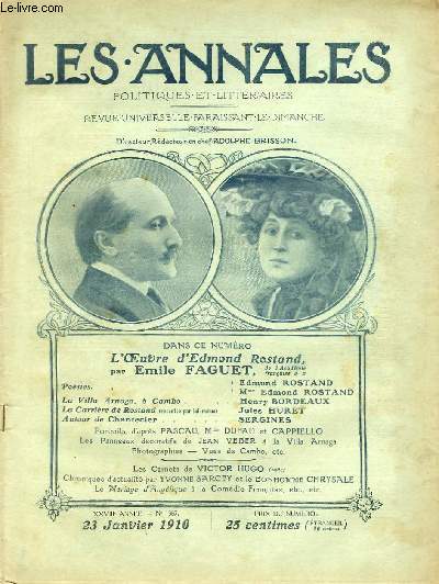 LES ANNALES POLITIQUES ET LITTERAIRES N 1387 Critique Littraire - L'oeuvre d'Edmond Rostand, par Emile Faguet.