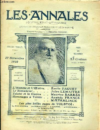 LES ANNALES POLITIQUES ET LITTERAIRES N° 1431 Léon Tolstoï.