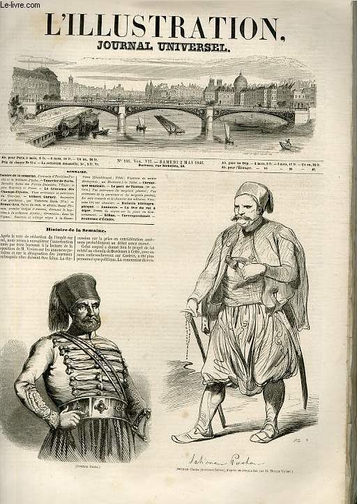 L'ILLUSTRATION JOURNAL UNIVERSEL N 166 - Histoire de la semaine. Portraits d'Ibrahim-Pa-chaet de Soliman-Pacha. - Courrier de Paris. Dernire Scne des Petites Danades, l'En/er; le pre Sournois et Pinc. - Le Goratna des Champs-Elyses. Vues ext .....