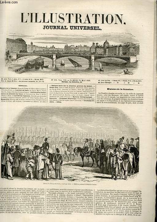 L'ILLUSTRATION JOURNAL UNIVERSEL N 170 - Histoire de la Semaine. Revue du Champ-de-Mars, dfil en'prsence d* Ibrahim-Pacha. - Courrier de Paris. La Vierge Marie, d'aprs Murillo; Camp d'Ibrahim-Pacha en Egypte. - Erection d'un monument  la mmoire ...