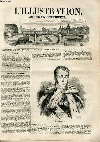 L'ILLUSTRATION JOURNAL UNIVERSEL N 215 - Histoire de la semaine. PorLrat de M. le -prince Jules de Polignac. - Courrier de Paris. - t.lironique musicale. Portrait de madame Cinti-D amor eau.- Beaux-Arts. Salon de 1847. Troisime article. Vue de la ....