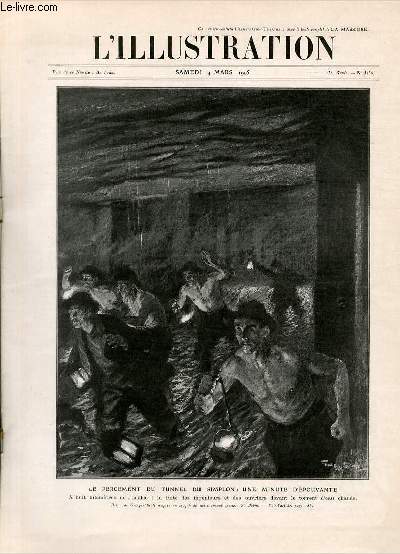 L'ILLUSTRATION JOURNAL UNIVERSEL N 3236 - Gravures: le percement du tunnel du simplon: une minute d'pouvante,  hit kilomtres de l'orifice: la fuite des ingnieurs et des ouvriers devant le torrent d'eau chaude, dessin de Georges Scott - au Kremlin de