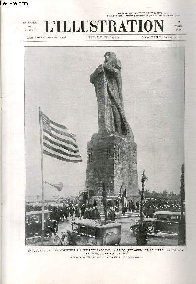 L'ILLUSTRATION JOURNAL UNIVERSEL N° 4495 - Inauguration d'un monument à Christophe Colomb, à Palos (Espagne), ou le hardi navigateur s'embarqua le 3 aout 1492.