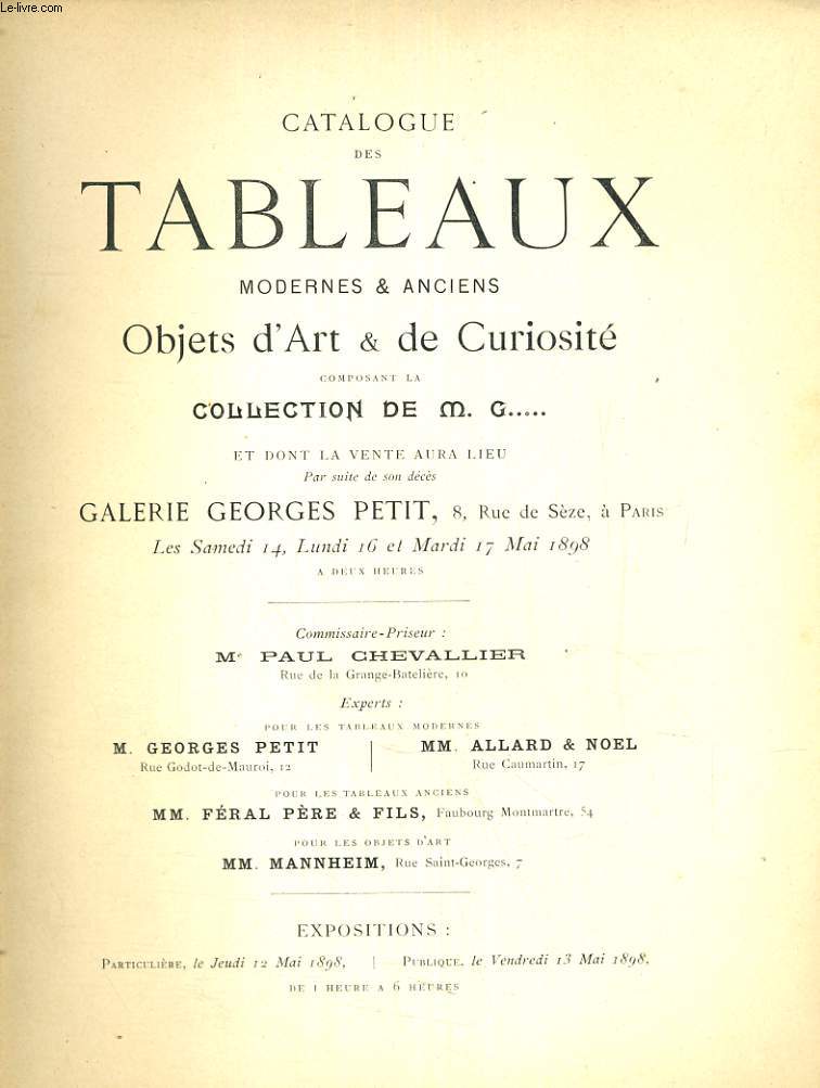 Catalogue des Tableaux modernes et anciens - Objets d'Art et de Curiosit