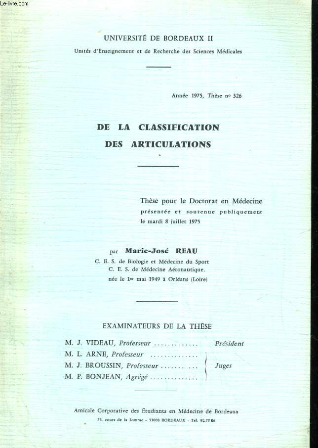 De la classification des articulations.