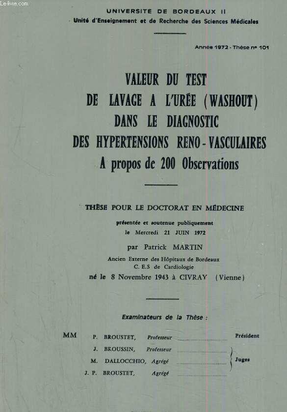 Valeur du test de lavage a l'ure (washout) dans le diagnostic des hypertensions reno-vasculaires