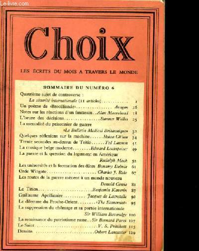 CHOIX. LES ECRITS DU MOIS A TRAVERS LE MONDE. TOME 1. N6.