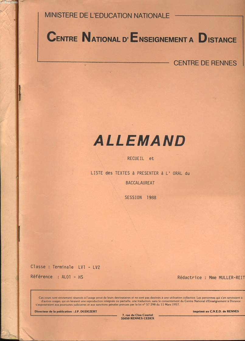 ALLEMAND. EN 2 TOMES. - CENTRE NATIONAL D'ENSEIGNEMENT A DISTANCE. - 988 - Picture 1 of 1