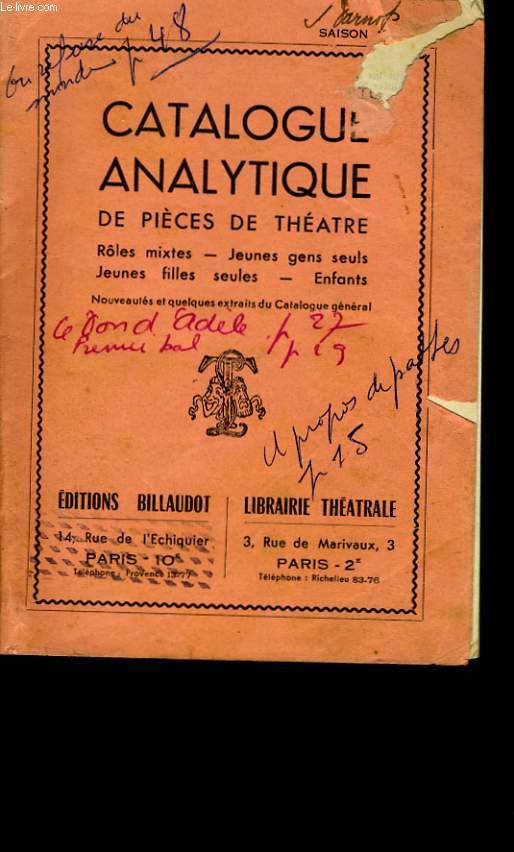 CATALOGUE ANALYTIQUE DE PIECES DE THEATRE.