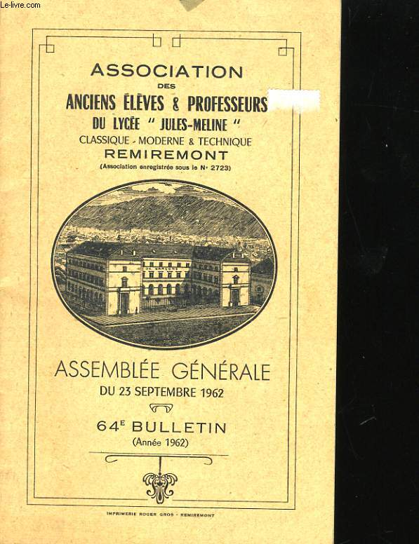 ASSEMBLEE GENERALME DU 23 SEPTEMBRE 1962 - 64EME BULLETIN (ANNEE 1962)