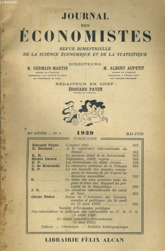 JOURNAL DES ECONOMISTES - REVUE BIMESTRIELLE DE LA SCIENCE ECONOMIQUE ET DE LA STATISTIQUE N3 98E ANNEE