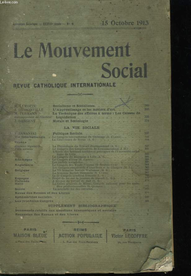 LE MOUVEMENT SOCIAL - REVUE CATHOLIQUE INTERNATIONALE