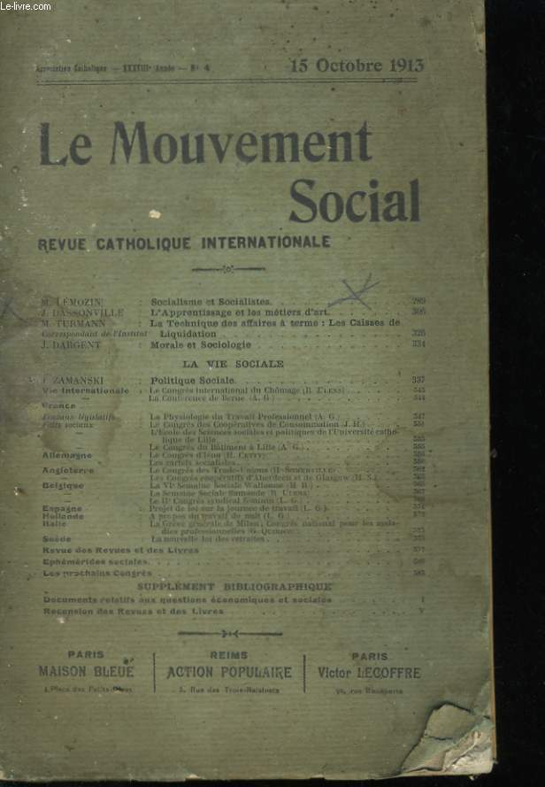 LE MOUVEMENT SOCIAL - REVUE CATHOLIQUE INTERNATIONALE