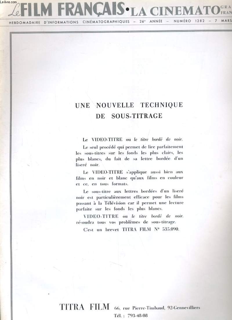 LE FILM FRANCAIS - N 1282 - DU MOUVEMENT DANS LA PROFESSION...