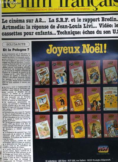 LE FILM FRANCAIS - N 1882 - LE CINEMA SUR A2... LE S.R.F. ET LE RAPPORT BREDIN... ARTMEDIA: LA REPONSE DE JEAN-LOUIS LIVI... VIDEO: LES CASSETTES POUR ENFANTS... TECHNIQUE: ECHOS DU SON U.S...
