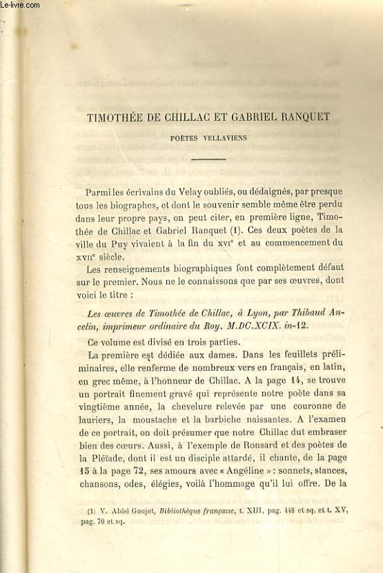 TIMOTHEE DE CHILLAC ET GABRIEL BANQUET - POETES VELLAVIENS / MICHEL BOYER, PEINTRE NE EN VELAY / STATUTS DE LA COMMAUNAUTE DES CHAUDRONNIERS DU PUY (1623) - LES ORIGINES DE LA CHARTREUSE DE VILLENEUVE, prs de puy (1626-1628)