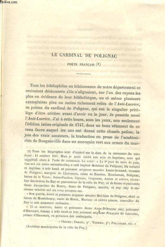 VARIETES HISTORIQUES ET BIOGRAPHIQUES - LE CARDINAL DE POLIGNAC, POETES FRANCAIS (1)