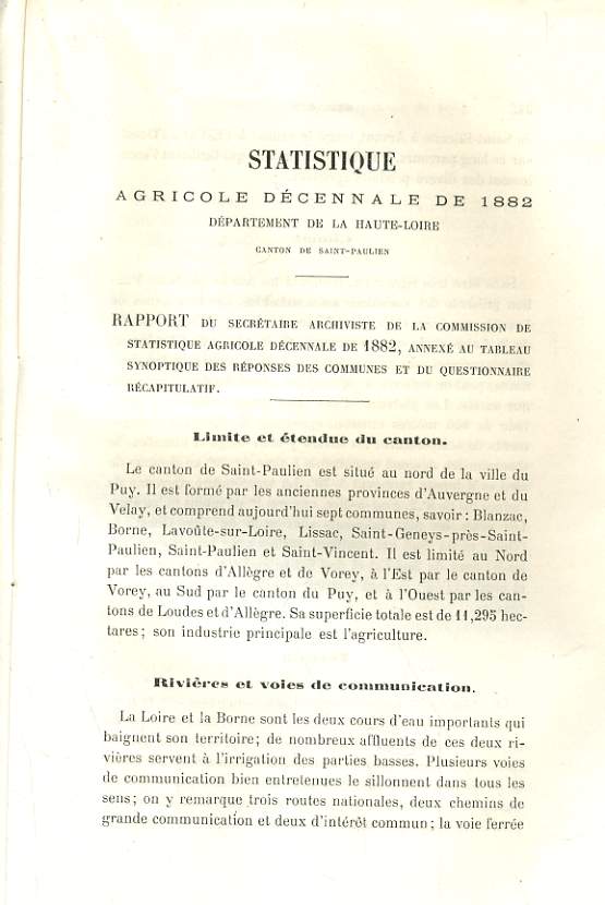 STATISTIQUE AGRICOLE DECENNALE DE 1882 - DEPARTEMENT DE LA HAUTE-LOIRE - CANTON DE SAINT-PAULIEN