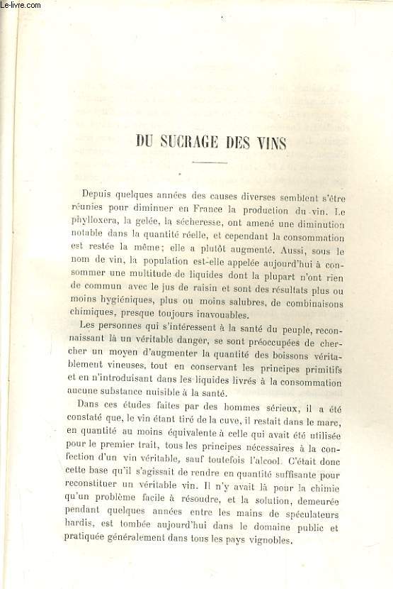 DU SUCRAGE DES VINS / COMPTE RENDU DES ESSAI FAITS AU CHAMPS D'EXPERIENCES AGRICOLES DE LA SOCIETE